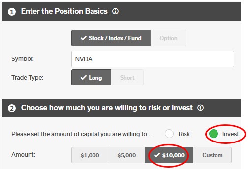 Position Size Calculator also displays amount of money at risk based on size of investment and risk tolerance